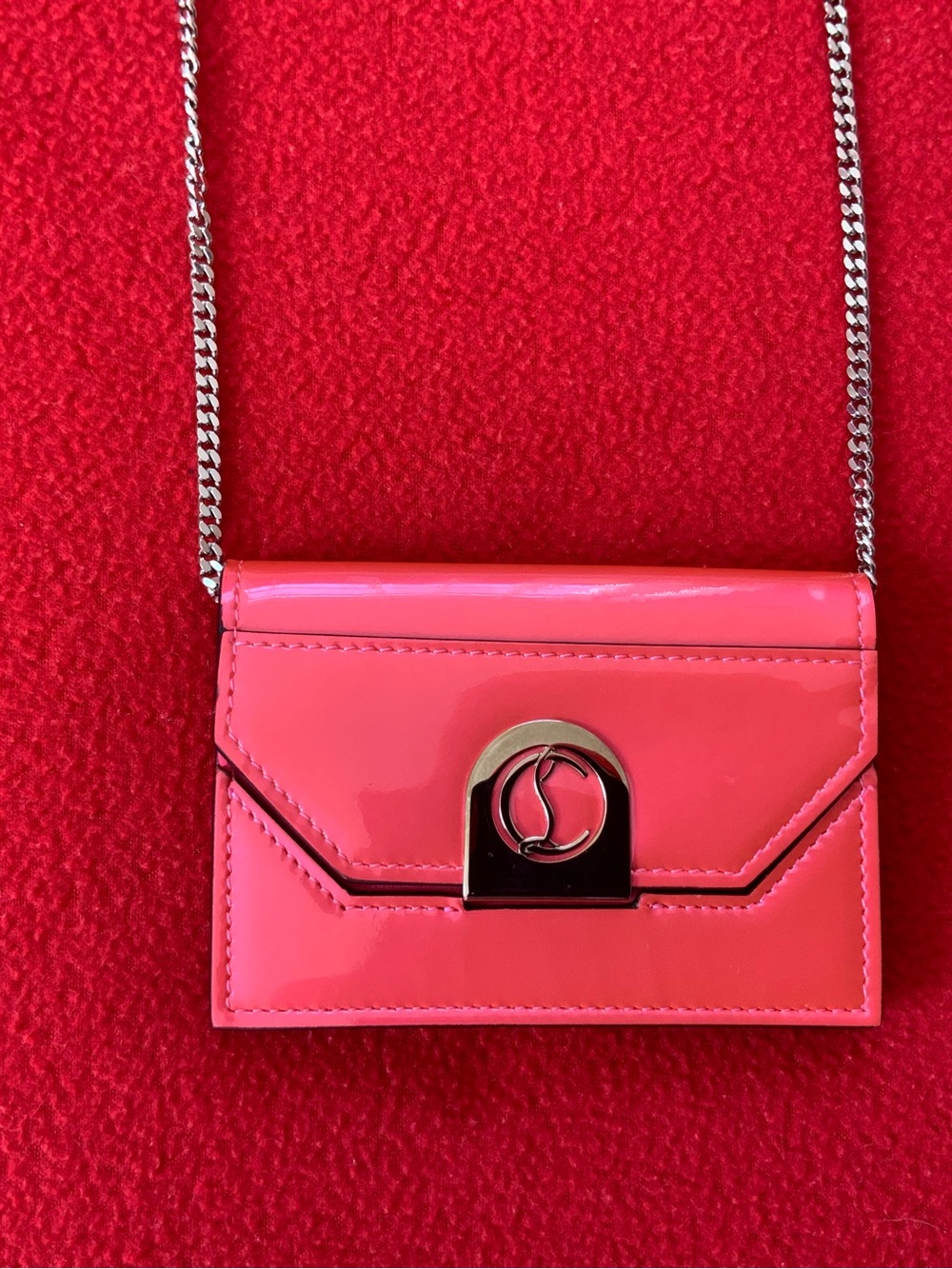 Christian Louboutin Pink Patent Leather Card Wallet Silver Chain Cross Body Bag